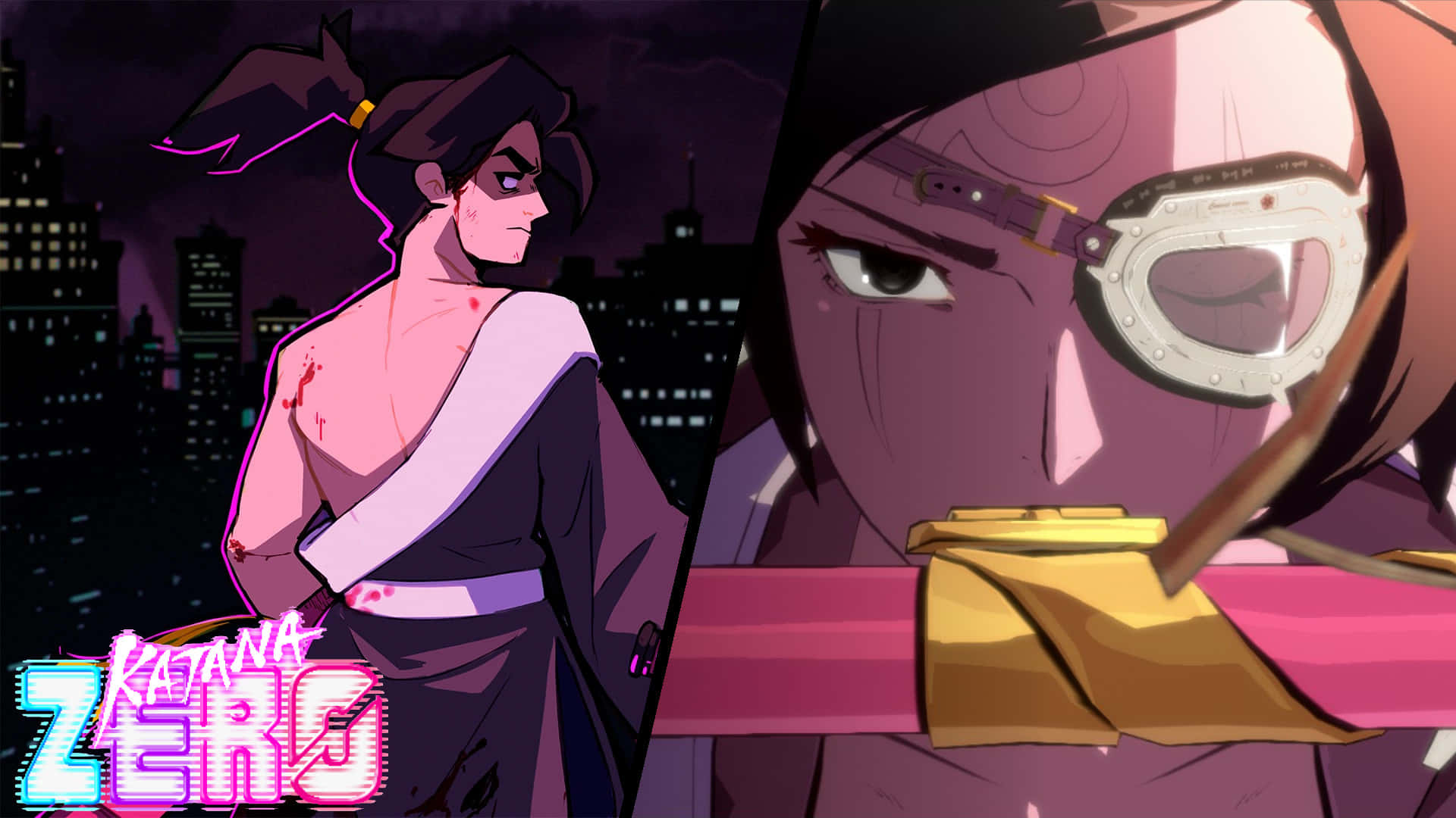 Katana Zero, anime characters, dark cityscape, Full HD Desktop Wallpaper