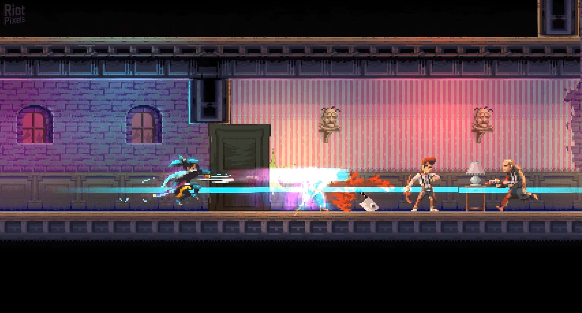 Katana Zero, neon-lit urban alley, glowing energy beams, Full HD Desktop Wallpaper