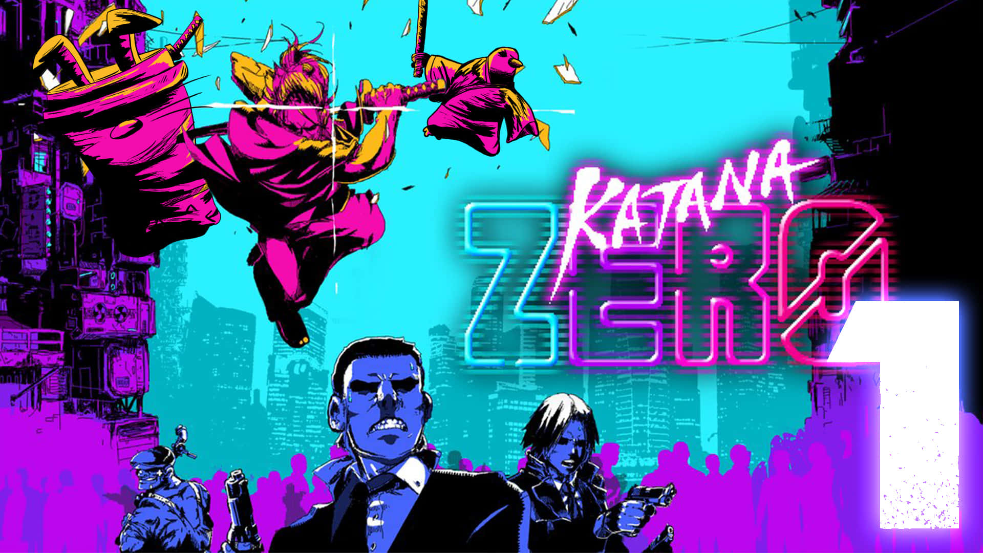 Katana Zero, neon-drenched cyberpunk cityscape, glowing turquoise sky, Full HD Desktop Wallpaper