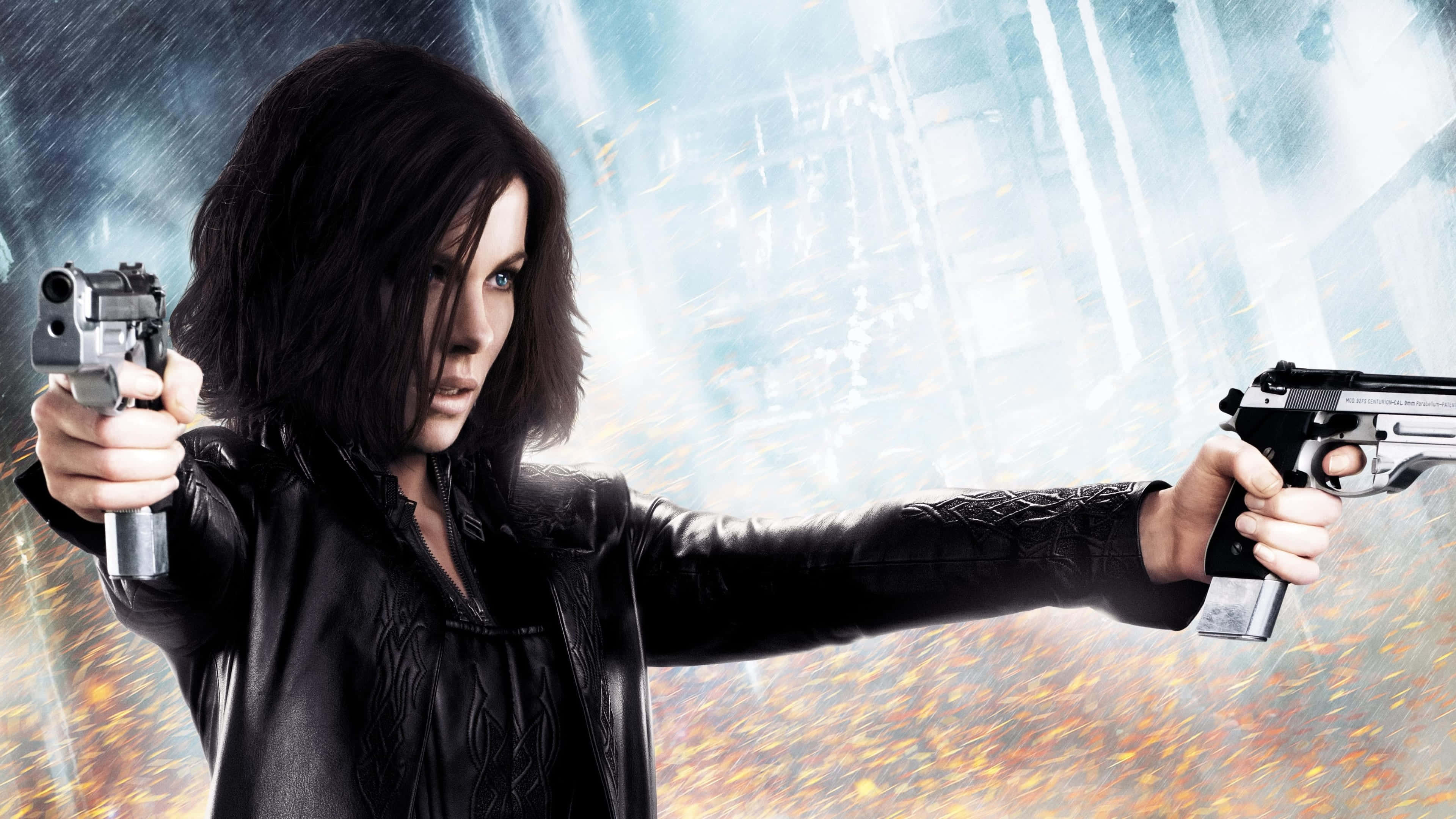 Kate Beckinsale, black leather jacket, dual wielding guns, 4K Desktop Wallpaper