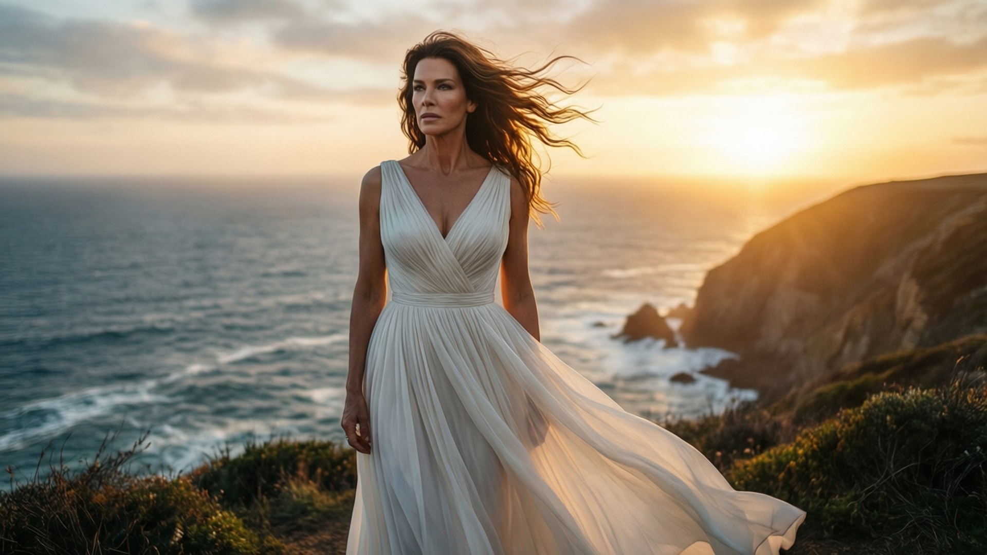Kate Beckinsale, white dress, sunset, Full HD Desktop Wallpaper