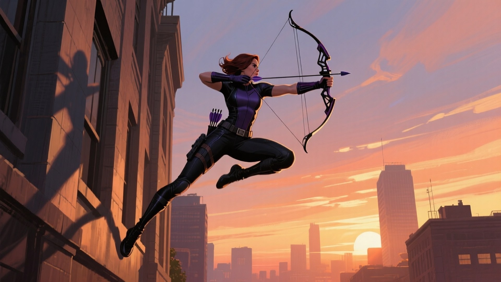 Kate bishop, sunset, purple and black suit, Full HD Desktop Wallpaper