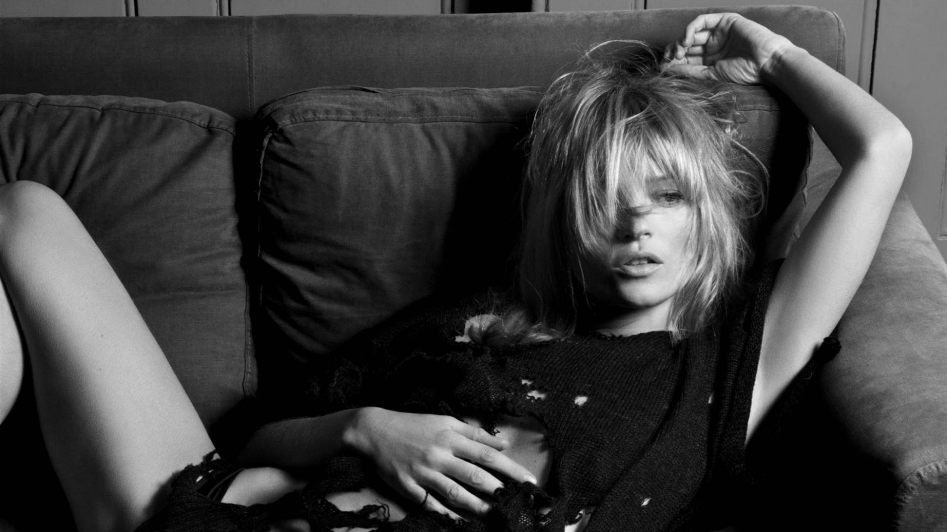 Nordic style, Kate Moss, moody black and white portrait, 4K Desktop Wallpaper