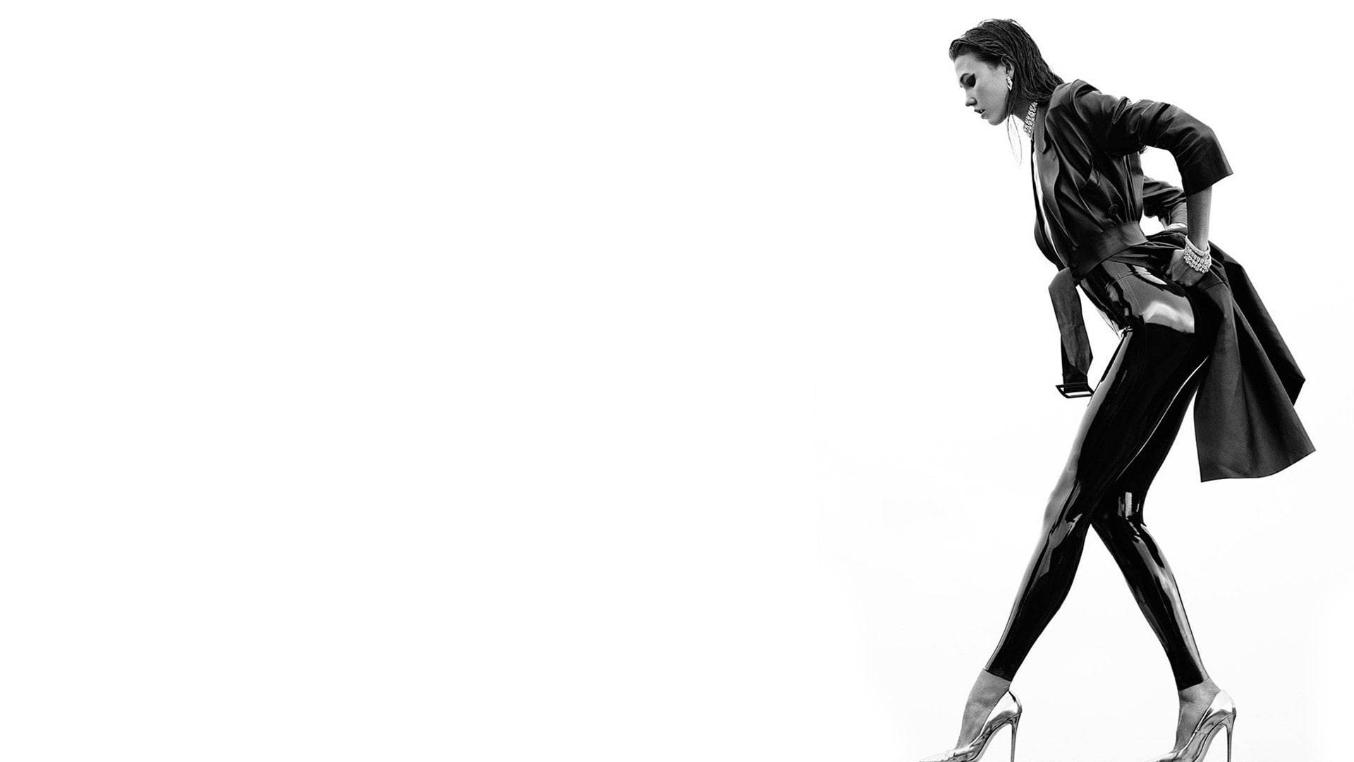 Kate Moss, glossy black latex outfit, heels, Full HD Desktop Wallpaper