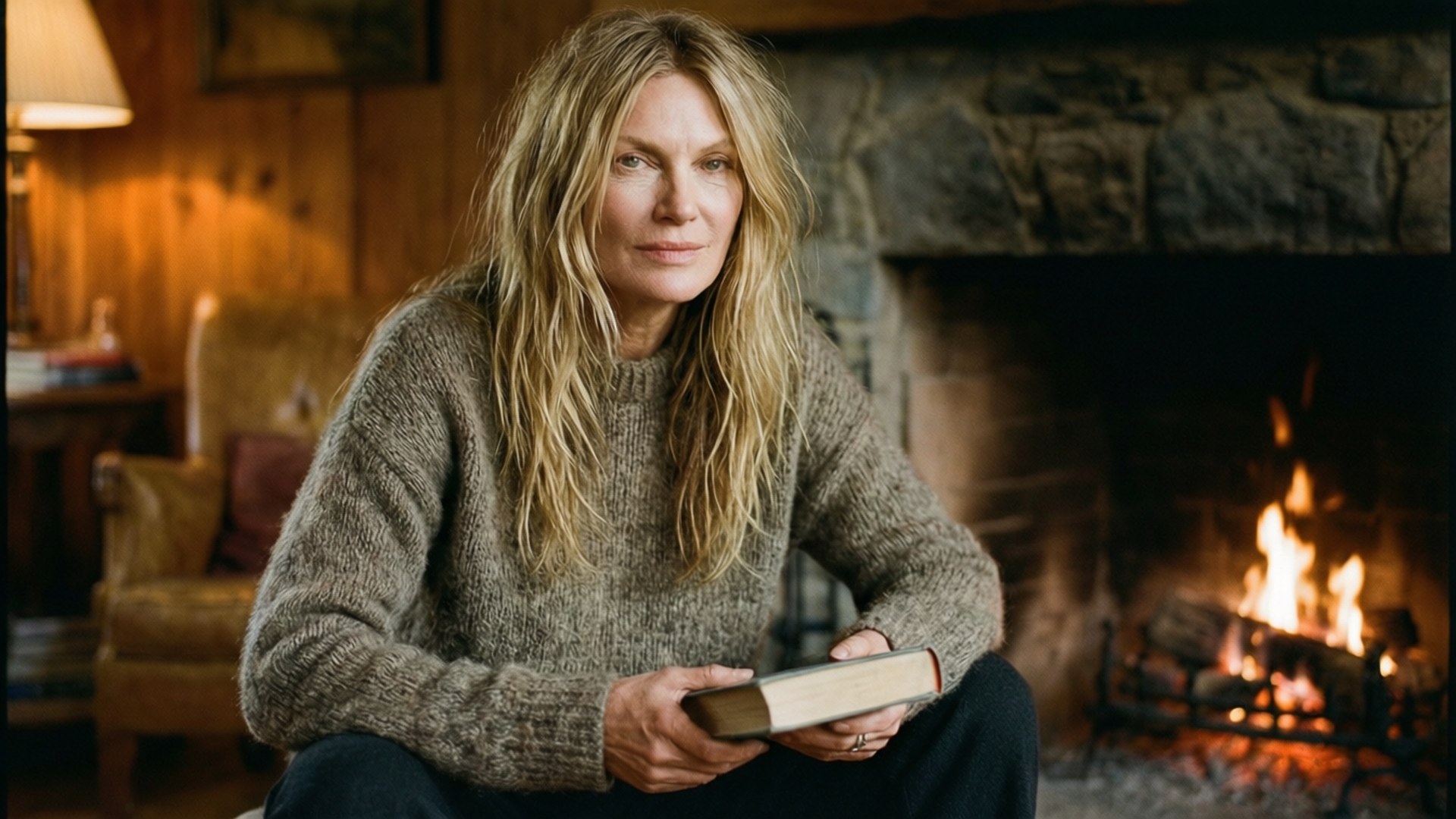 Kate Moss, stone fireplace, flames, Full HD Desktop Wallpaper