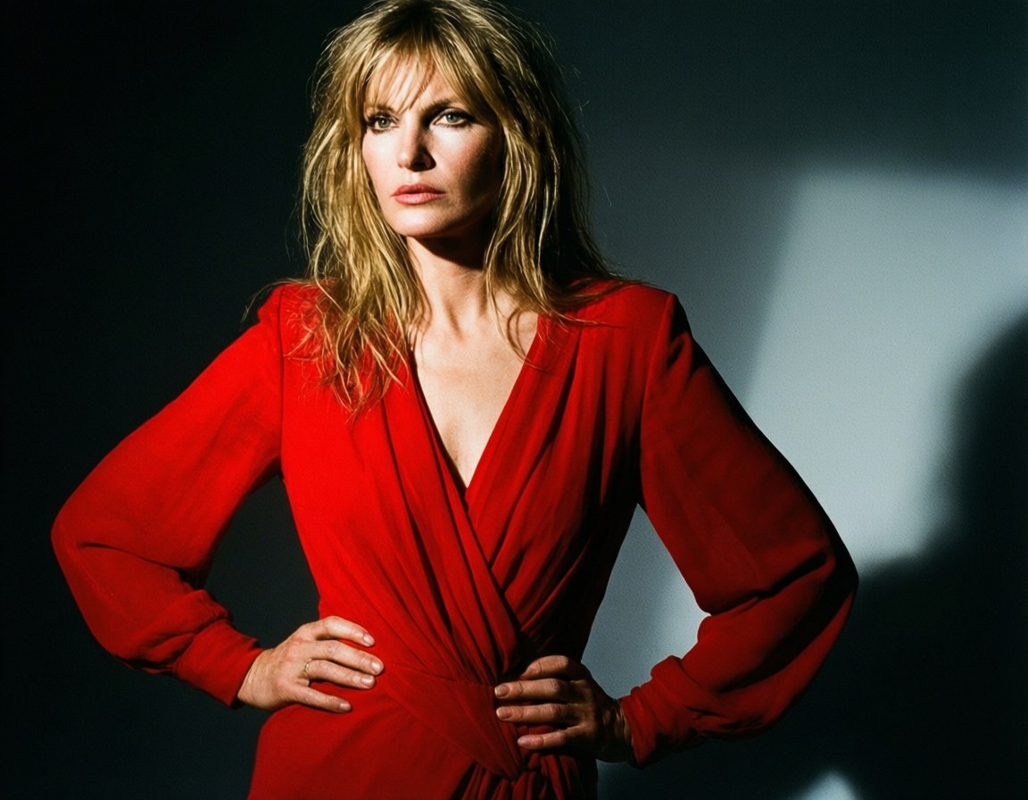 Kate Moss, red dress, stark dark background, SD Desktop Wallpaper