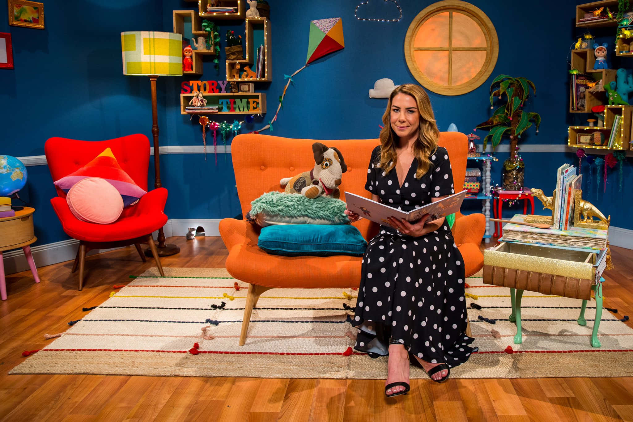 Kate Ritchie, polka-dot dress, orange sofa, Full HD Desktop Wallpaper