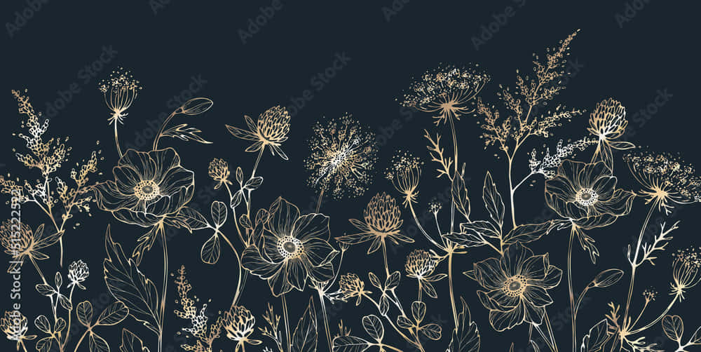 Kate Spade Desktop, golden line art, botanical illustration, SD Desktop Wallpaper