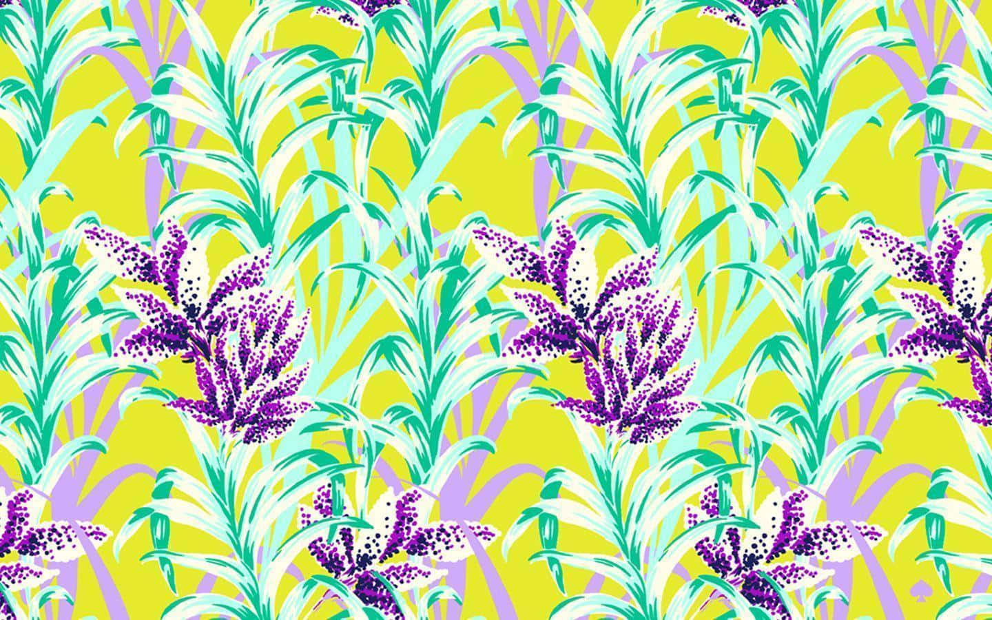Kate Spade Desktop, vibrant yellow, stylized green and purple flowers, HD Desktop Wallpaper