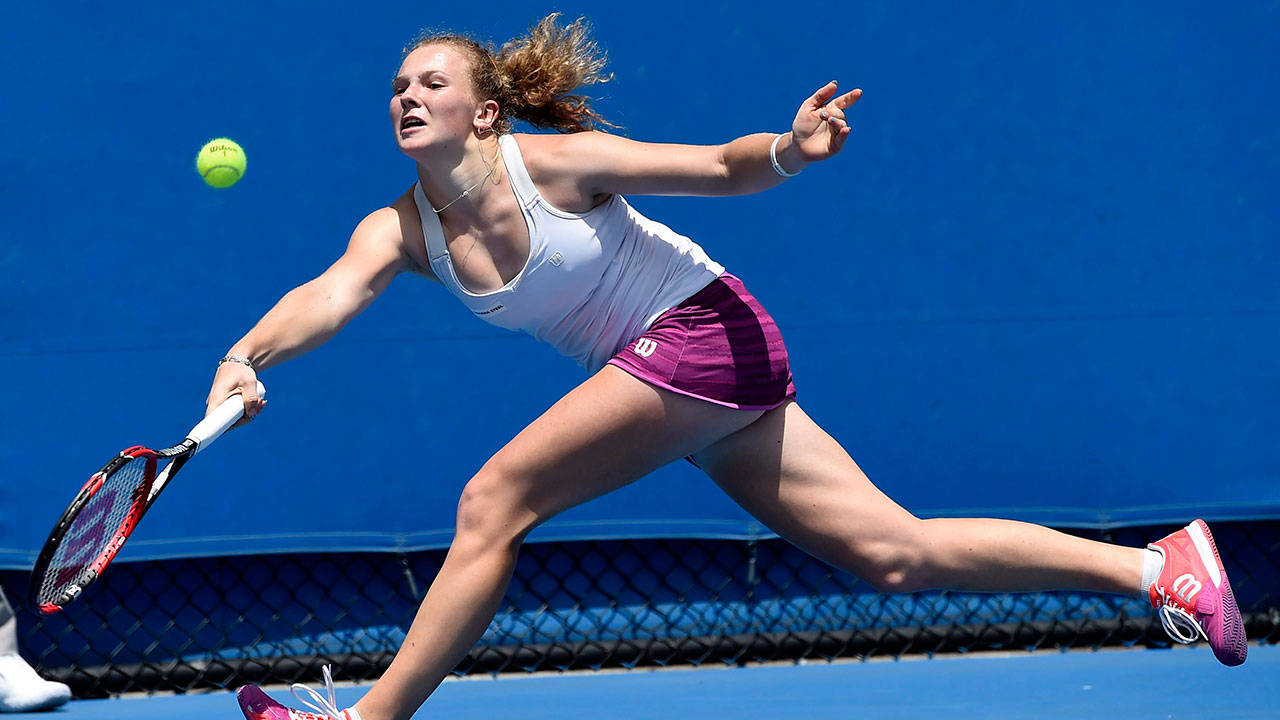Katerina Siniakova, bright yellow ball, vivid blue court, HD Desktop Wallpaper