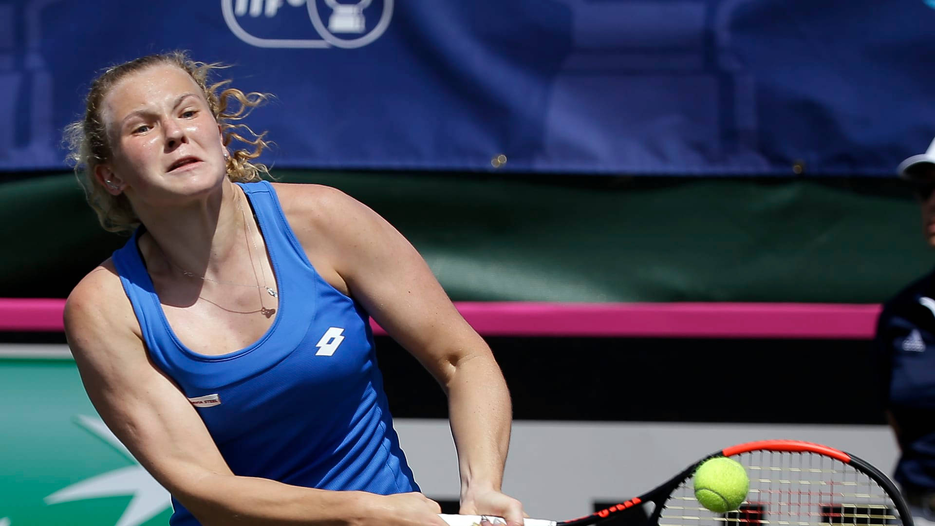 Katerina Siniakova, blue tank top, bright yellow tennis ball, Full HD Desktop Wallpaper