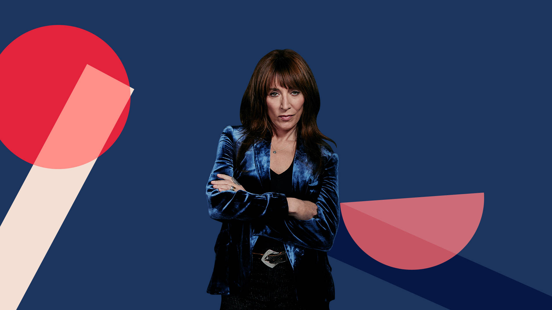 Katey Sagal, blue velvet jacket, red pink and cream shapes, Full HD Desktop Wallpaper