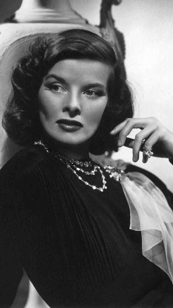 Katharine Hepburn, classic pose, black dress, SD Phone Wallpaper