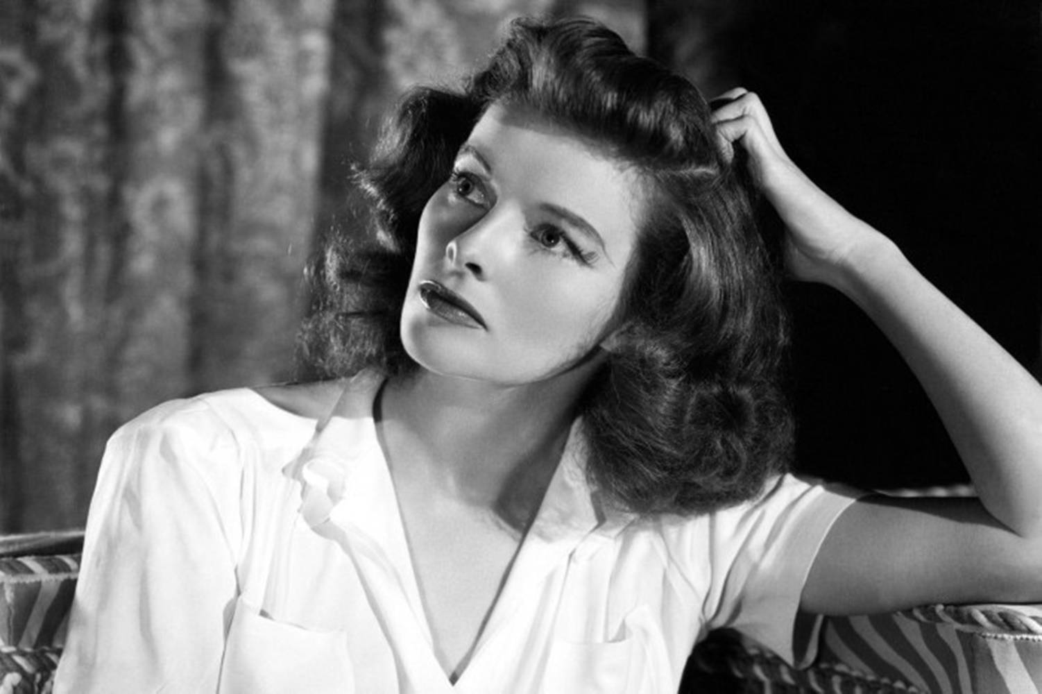 Katharine Hepburn, vintage black and white portrait, styled hair, HD Desktop Wallpaper