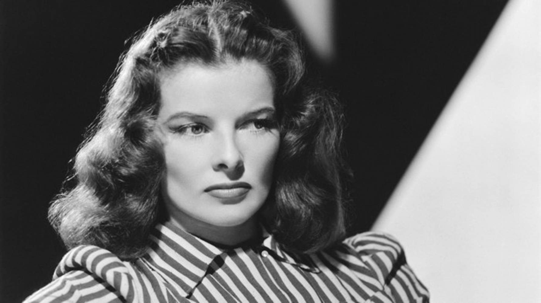 Katharine Hepburn, striped blouse, black and white portrait, HD Desktop Wallpaper