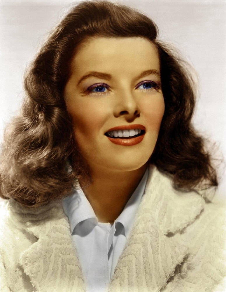 Katharine Hepburn, wavy brown hair, bright blue eyes, SD Phone Wallpaper