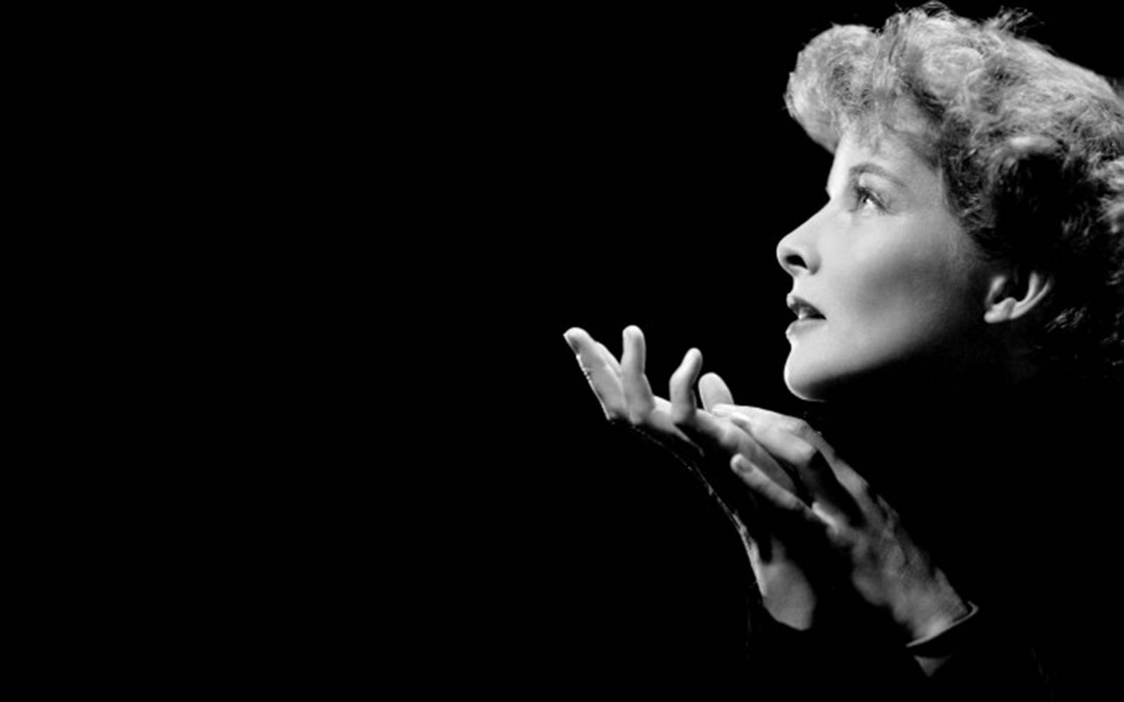 Katharine Hepburn, black background, black and white, HD Desktop Wallpaper