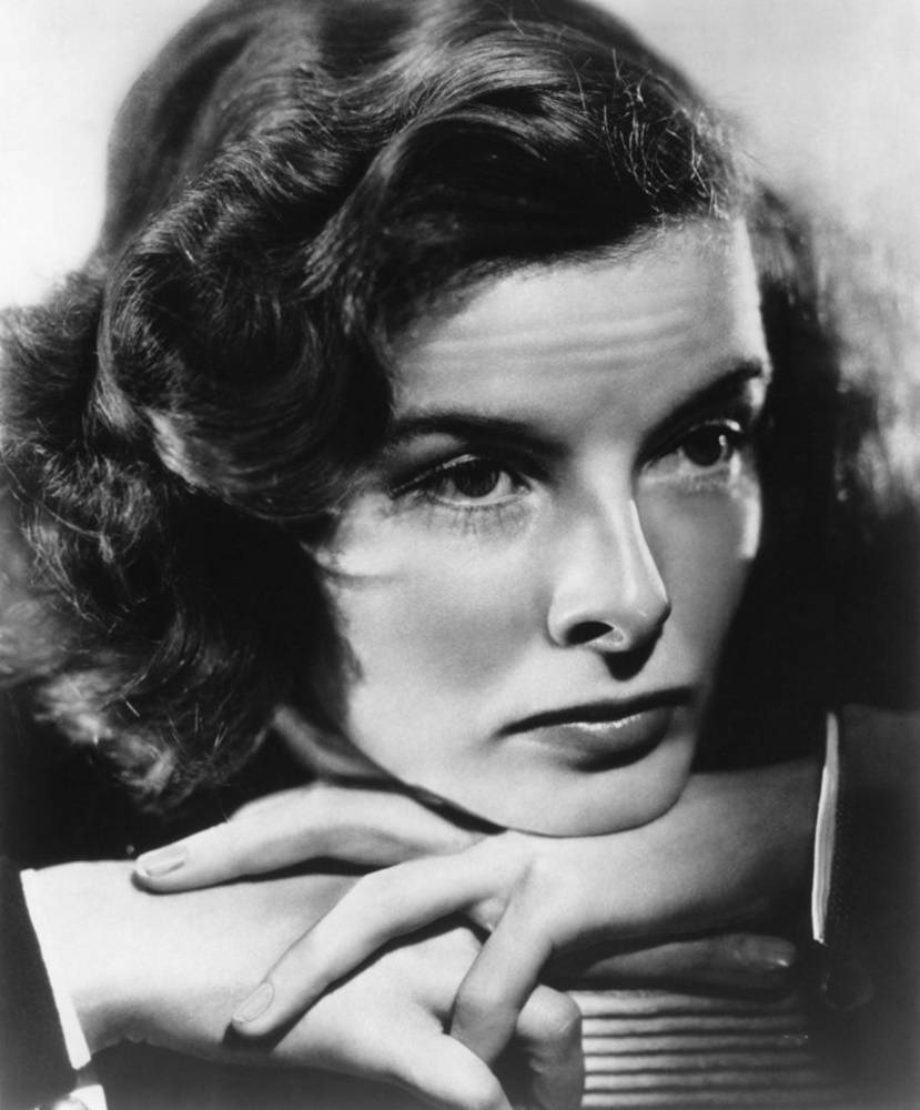 Katharine Hepburn, black and white portrait, elegant curled hair, SD Phone Wallpaper