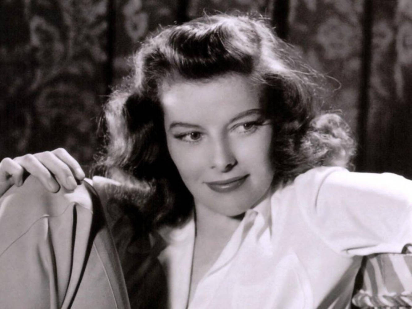 Katharine Hepburn, black and white portrait, styled curls, HD Desktop Wallpaper