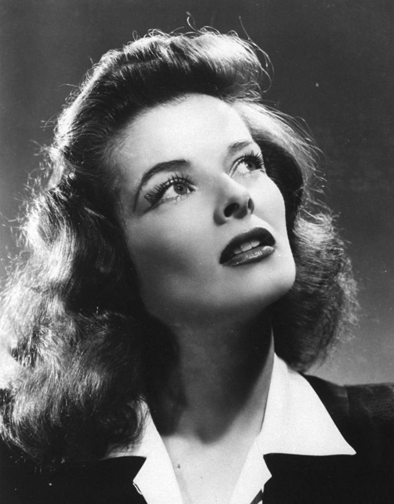 Katharine Hepburn, voluminous curls, classic black and white studio portrait, SD Phone Wallpaper