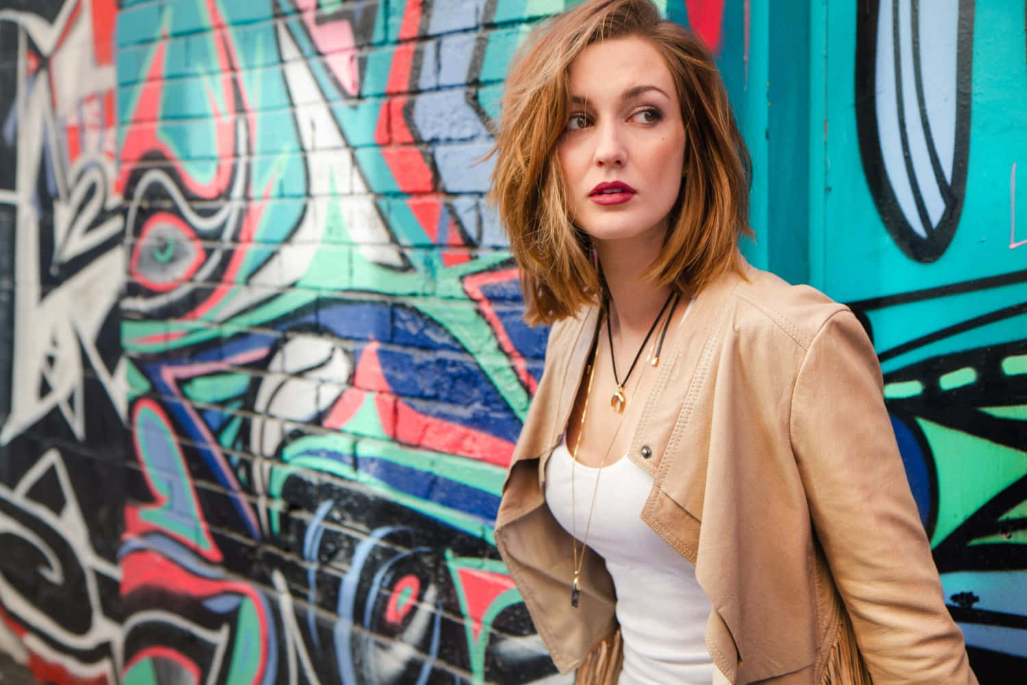 Katherine Barrell, urban backdrop, vibrant graffiti-covered brick wall, HD Desktop Wallpaper