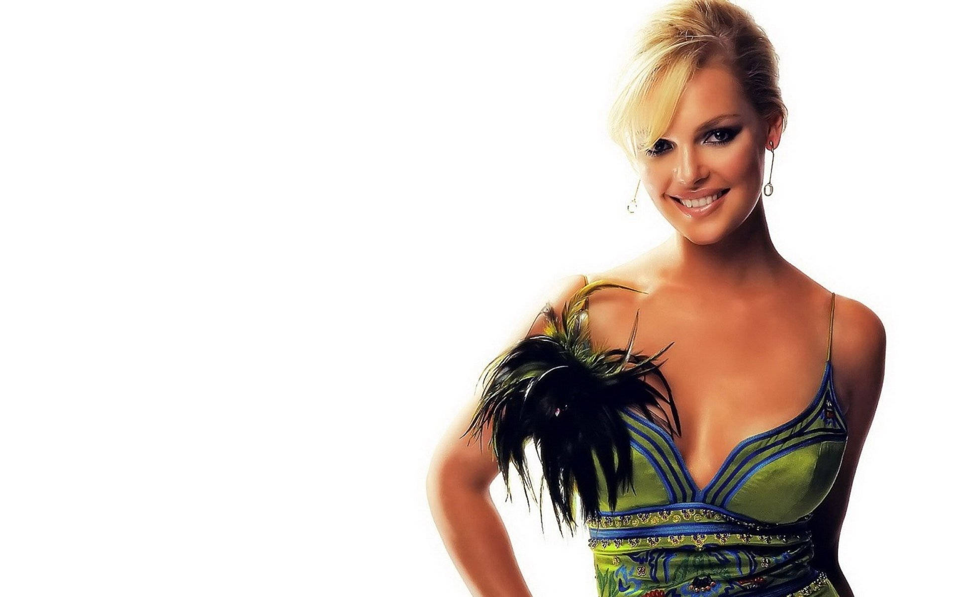 Katherine Heigl, green and blue patterned dress, black feathers, Full HD Desktop Wallpaper