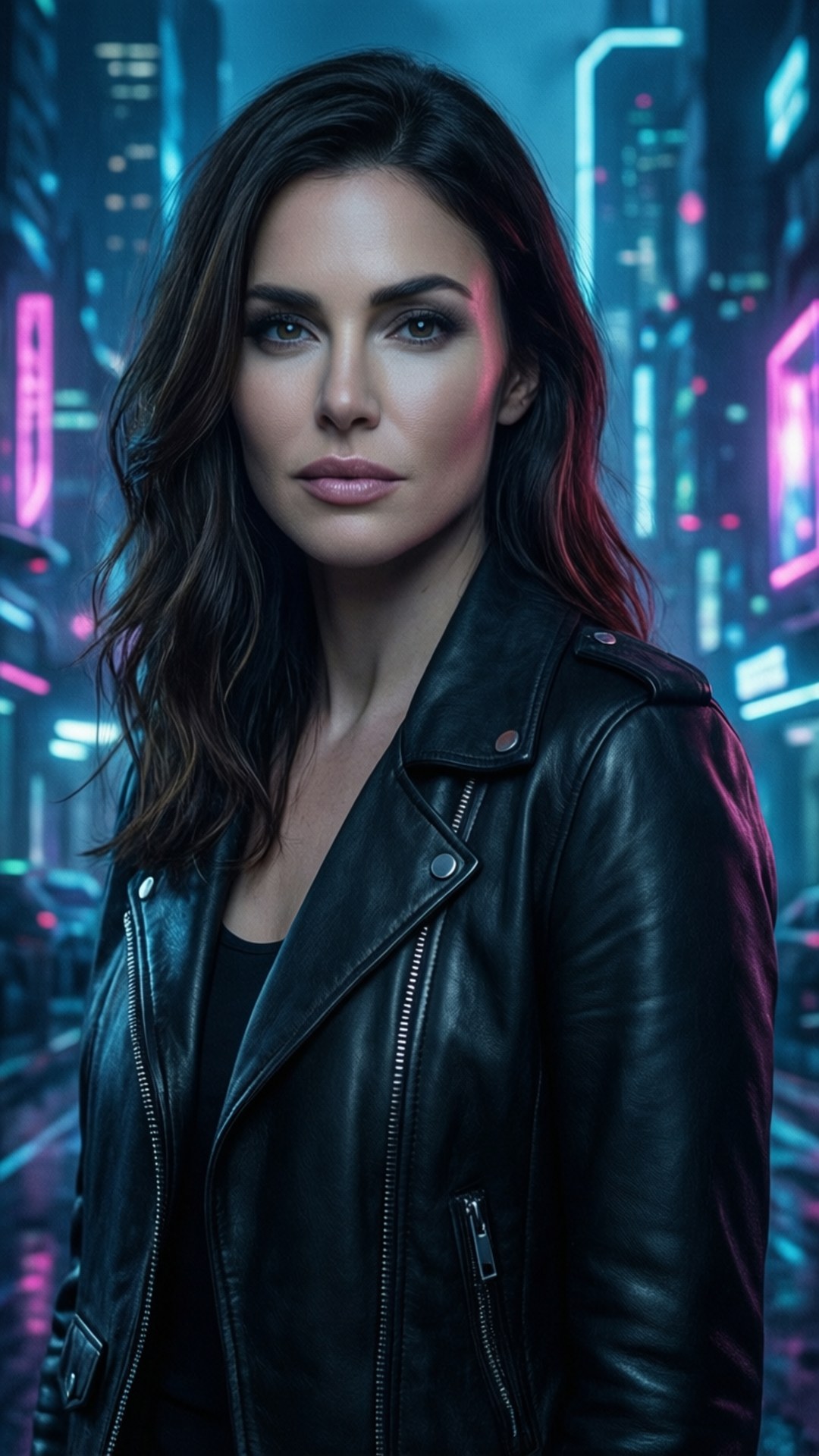 Katherine Lanasa, cyberpunk, neon city, Full HD Phone Wallpaper