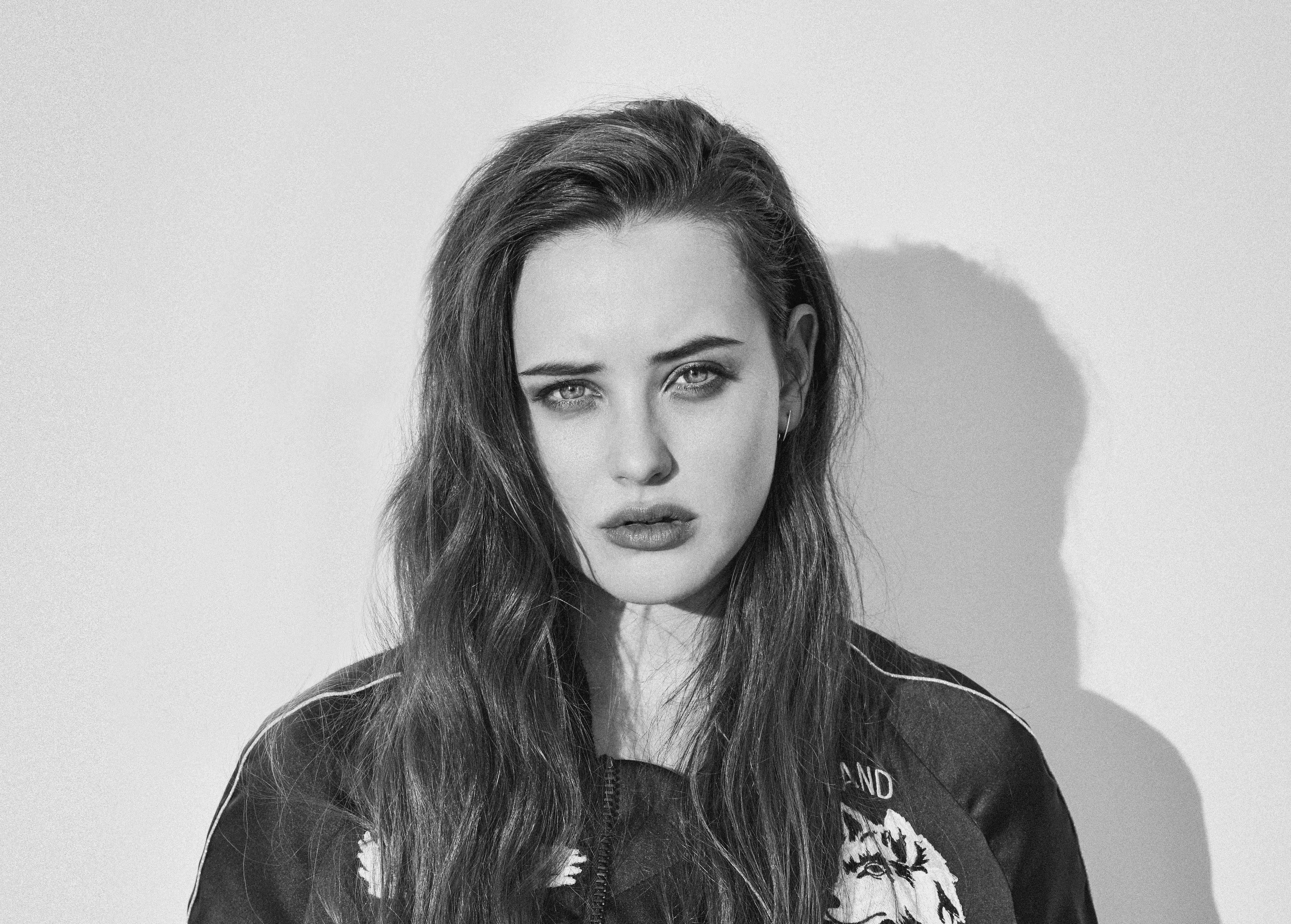 Katherine Langford, black and white portrait, long hair, 4K Desktop Wallpaper