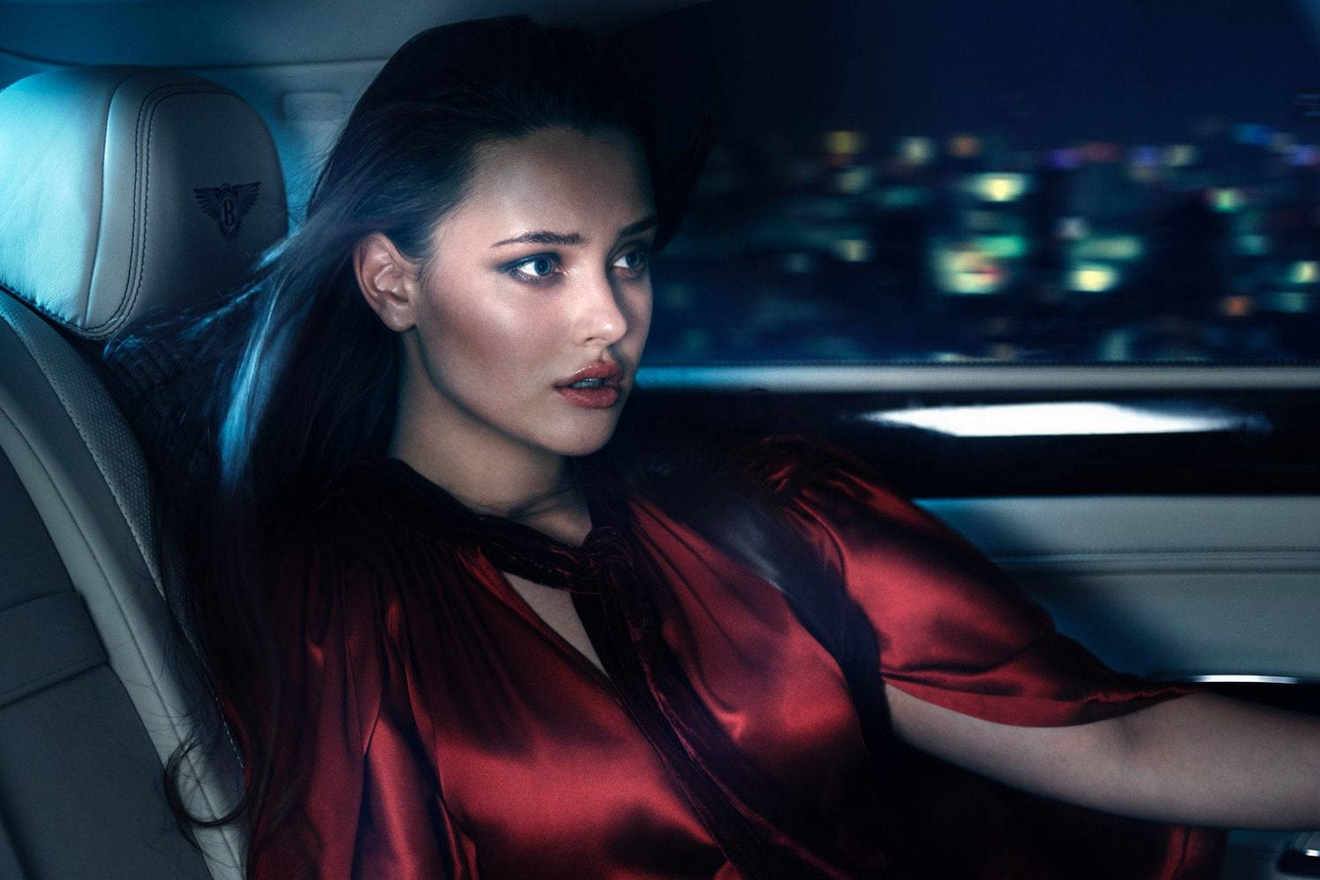 Katherine Langford, red satin blouse, luxury car, Full HD Desktop Wallpaper