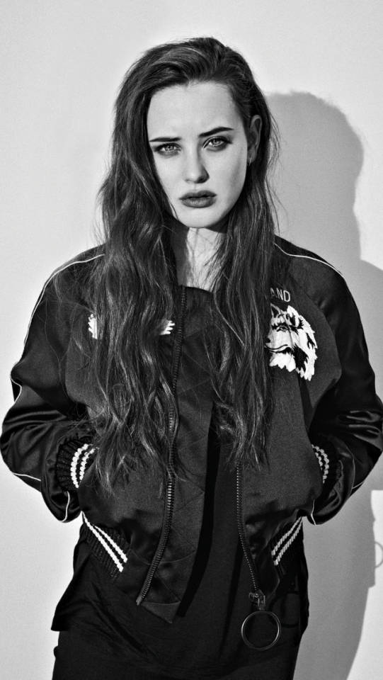 Katherine Langford, bomber jacket, wolf embroidery, SD Phone Wallpaper