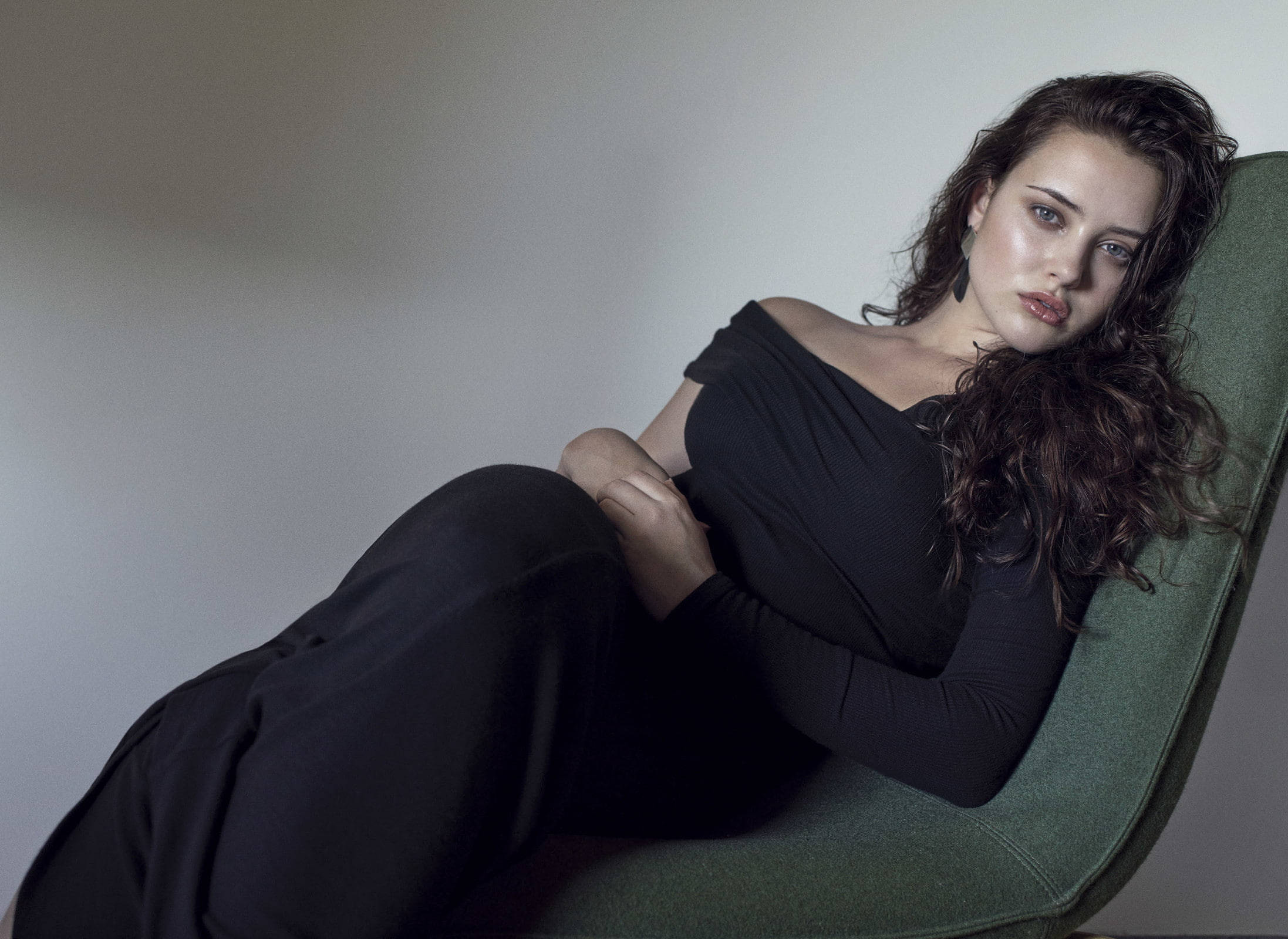 Katherine Langford, green chair, black off-shoulder dress, Full HD Desktop Wallpaper