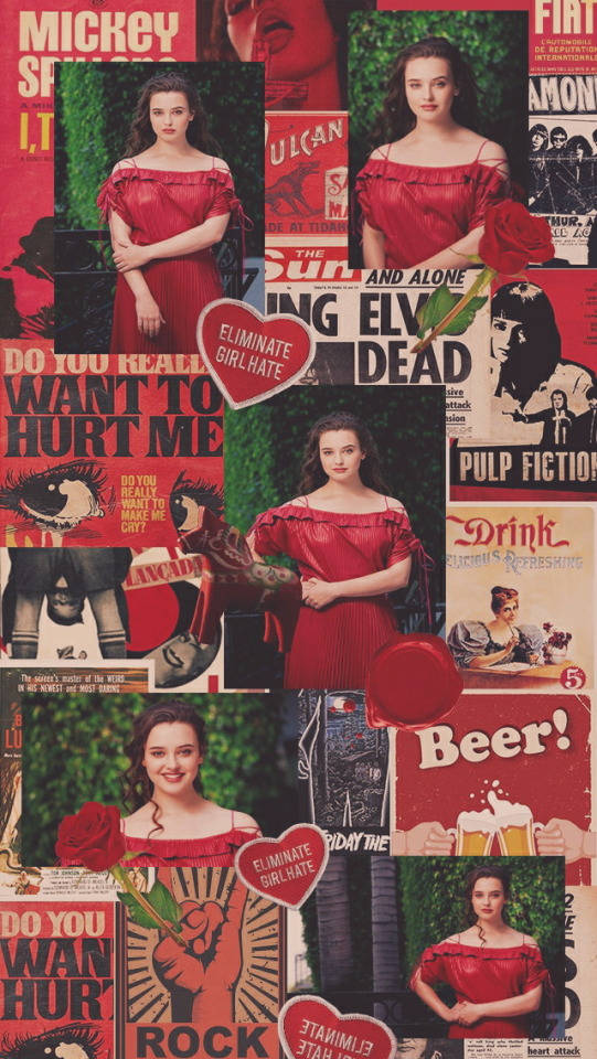 Katherine Langford, red dress, vintage posters, SD Phone Wallpaper
