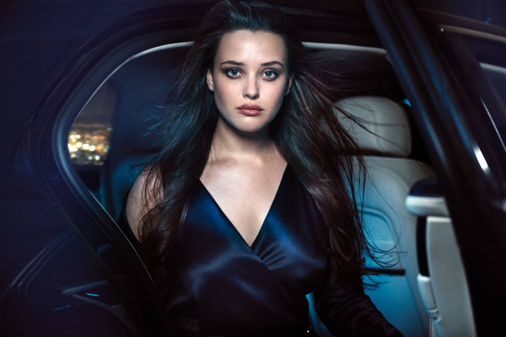 Katherine Langford, night, city lights, Full HD Desktop Wallpaper