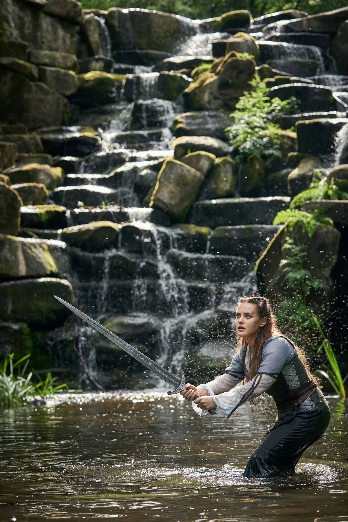 Katherine Langford, sword, waterfalls, HD Phone Wallpaper