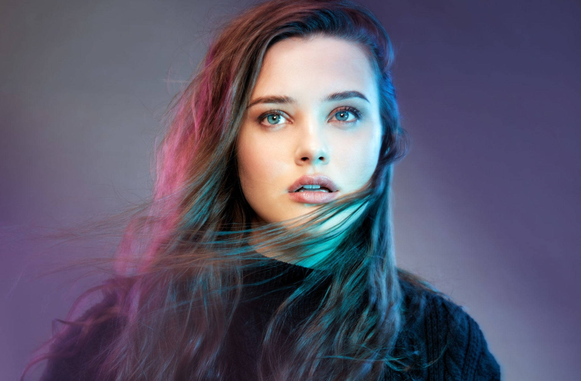 Katherine Langford, vibrant pink, teal studio lights, Full HD Desktop Wallpaper