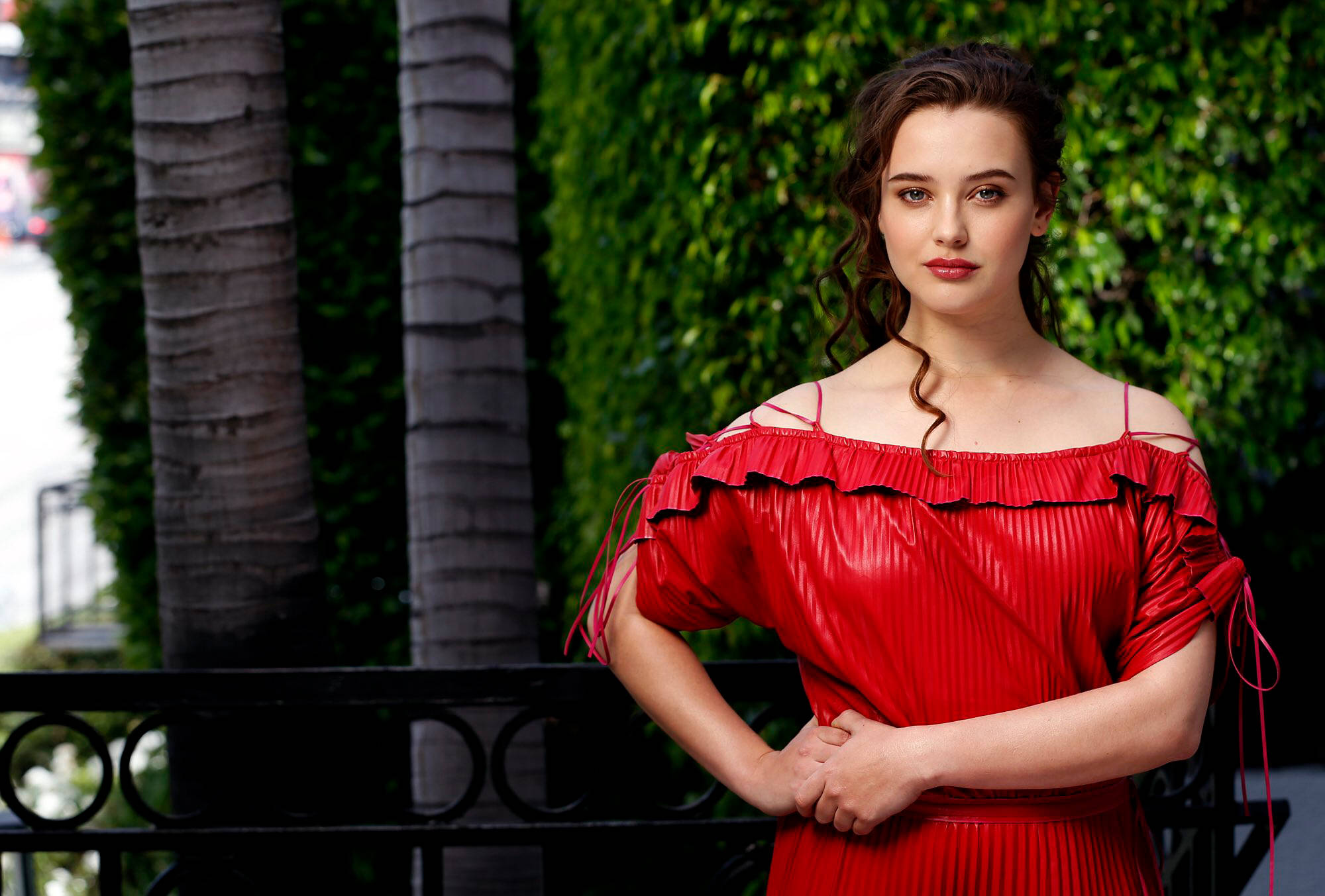 Katherine Langford, red dress, off-shoulder dress, Full HD Desktop Wallpaper