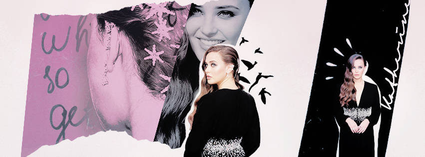 Katherine Langford, pink and black, torn paper effects, SD Desktop Wallpaper
