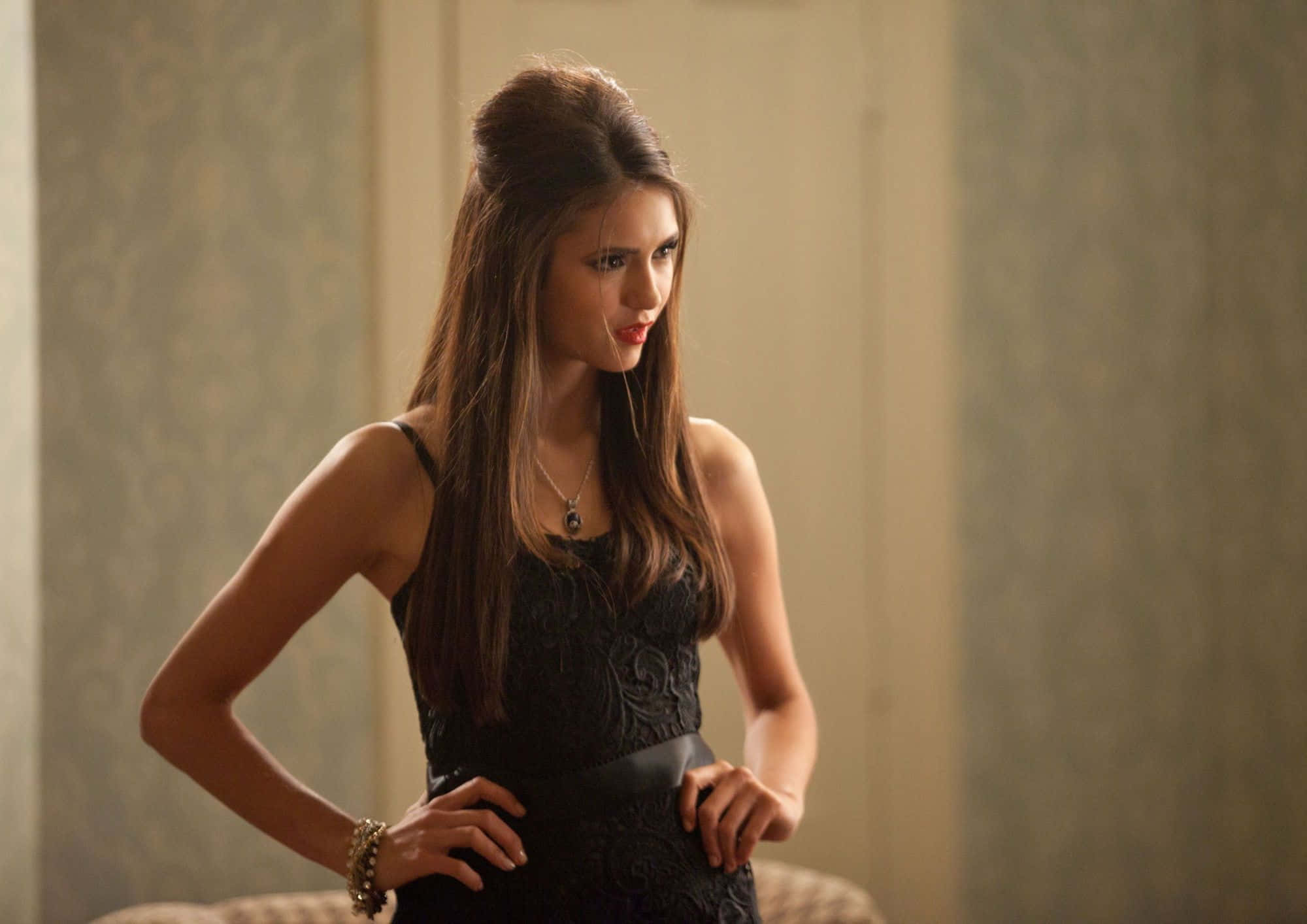 Katherine Pierce, black lace dress, patterned wallpaper, Full HD Desktop Wallpaper