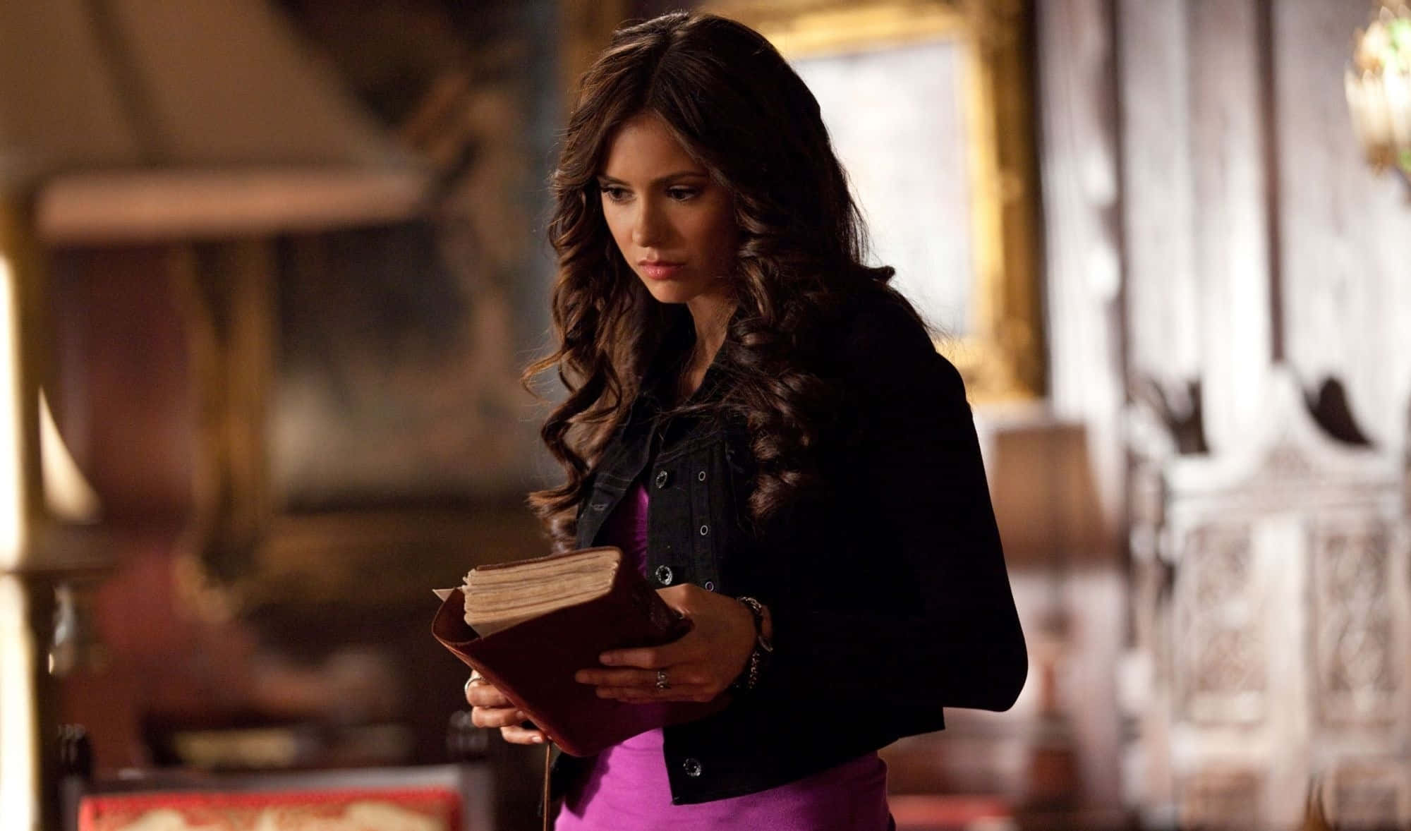 Katherine Pierce, long dark hair, old book, Full HD Desktop Wallpaper
