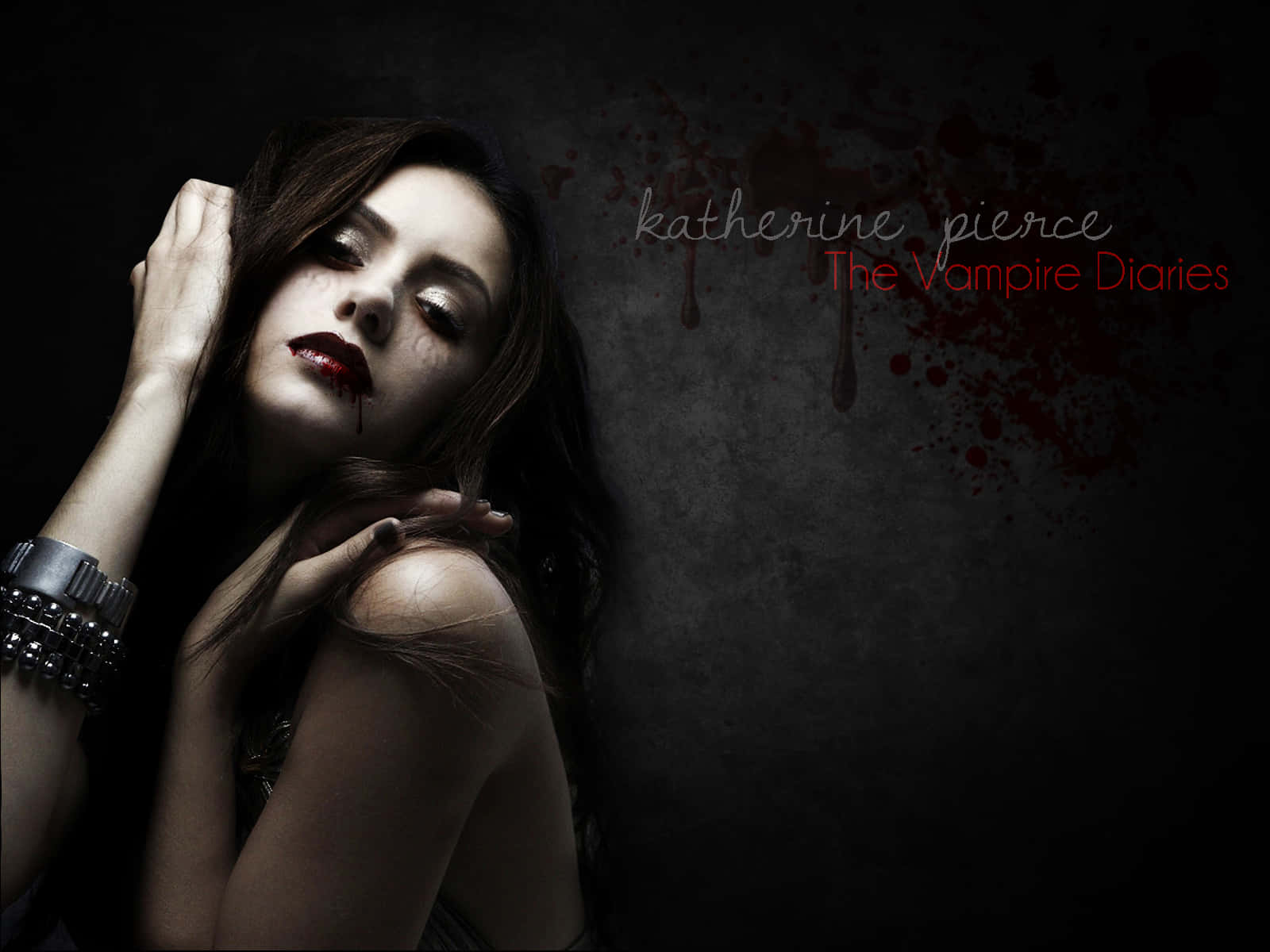 Katherine Pierce, blood on her lips, wrist against a gritty wall, HD Desktop Wallpaper