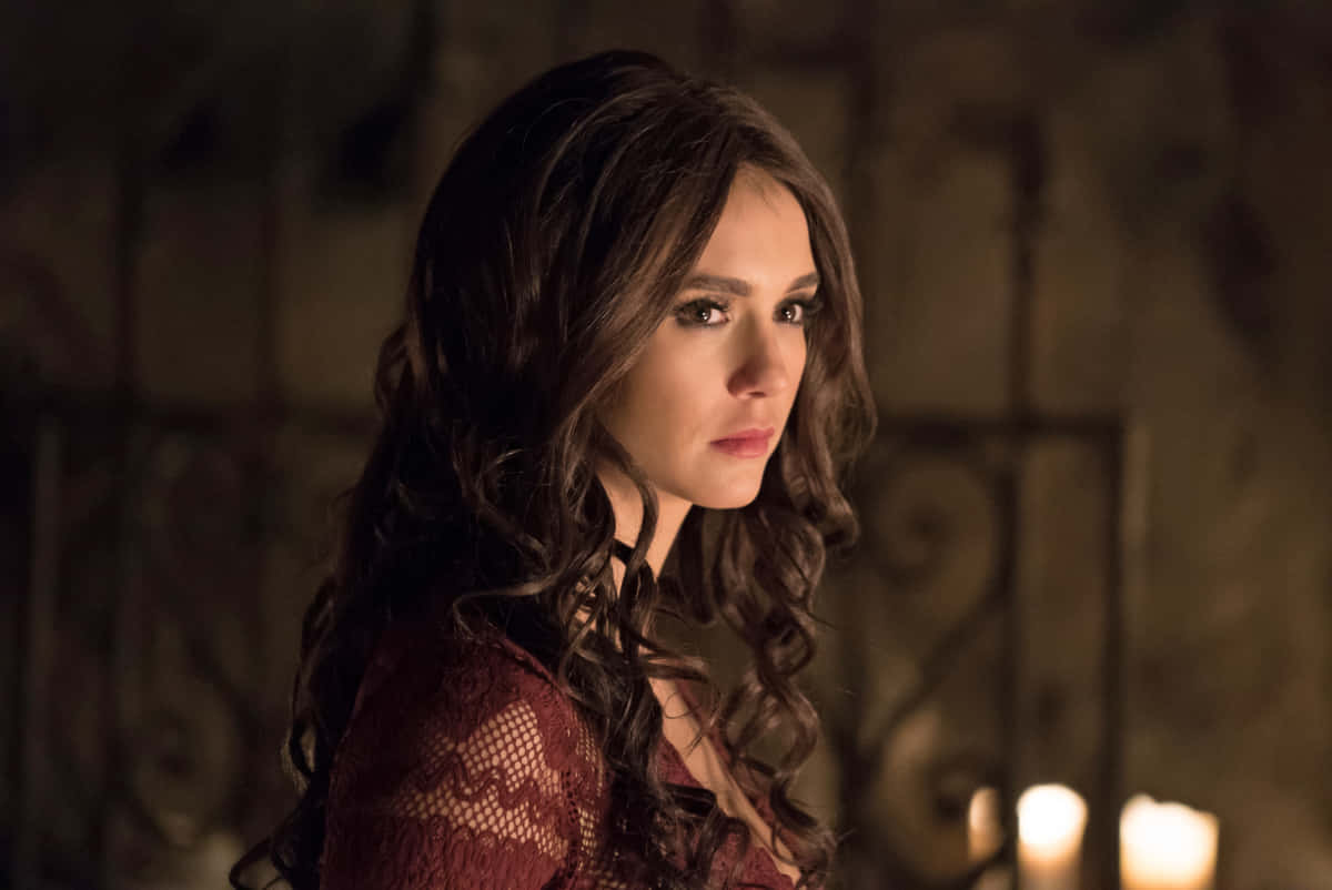 Katherine Pierce, long dark curls, dimly lit room, SD Desktop Wallpaper