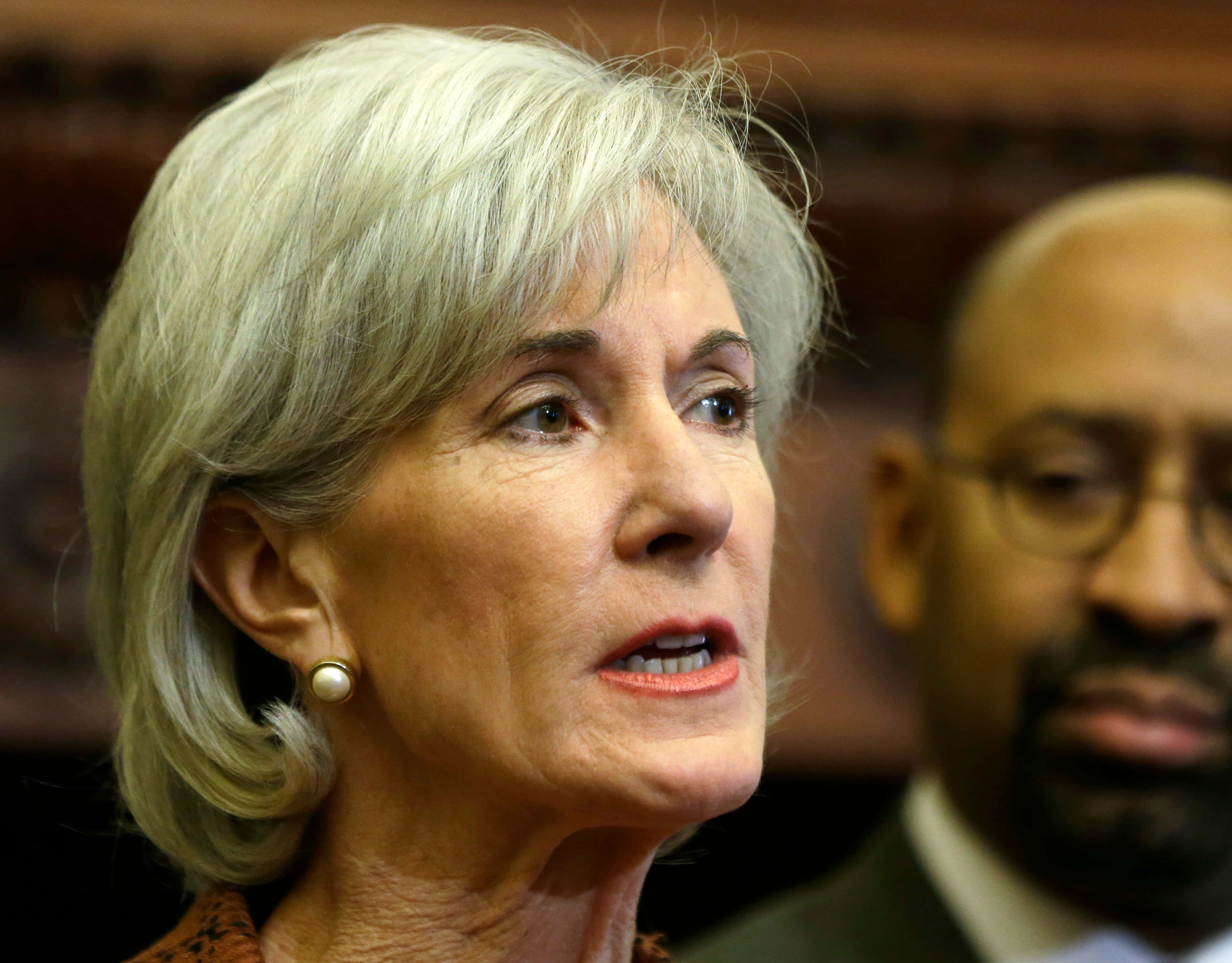 Kathleen Sebelius, silver hair, formal indoor setting, 2K Desktop Wallpaper