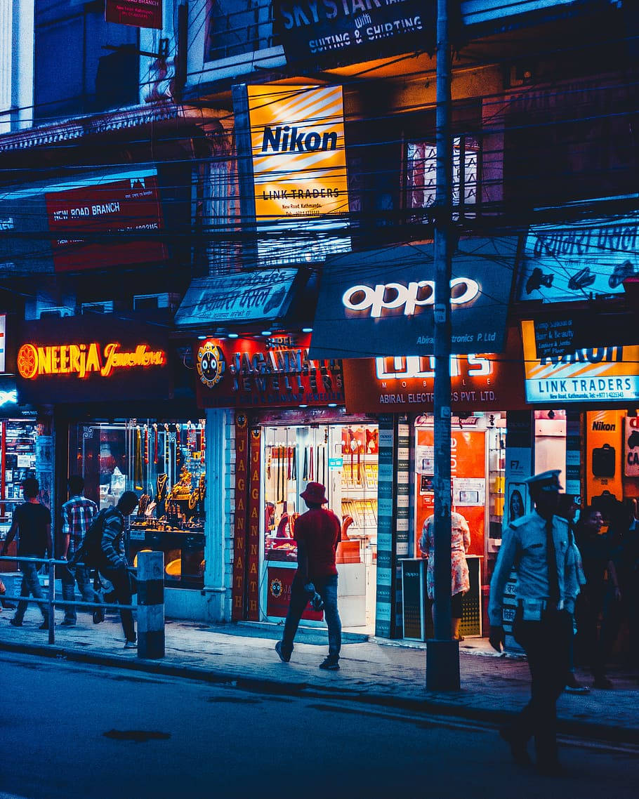 Kathmandu, neon signs, urban street, SD Phone Wallpaper