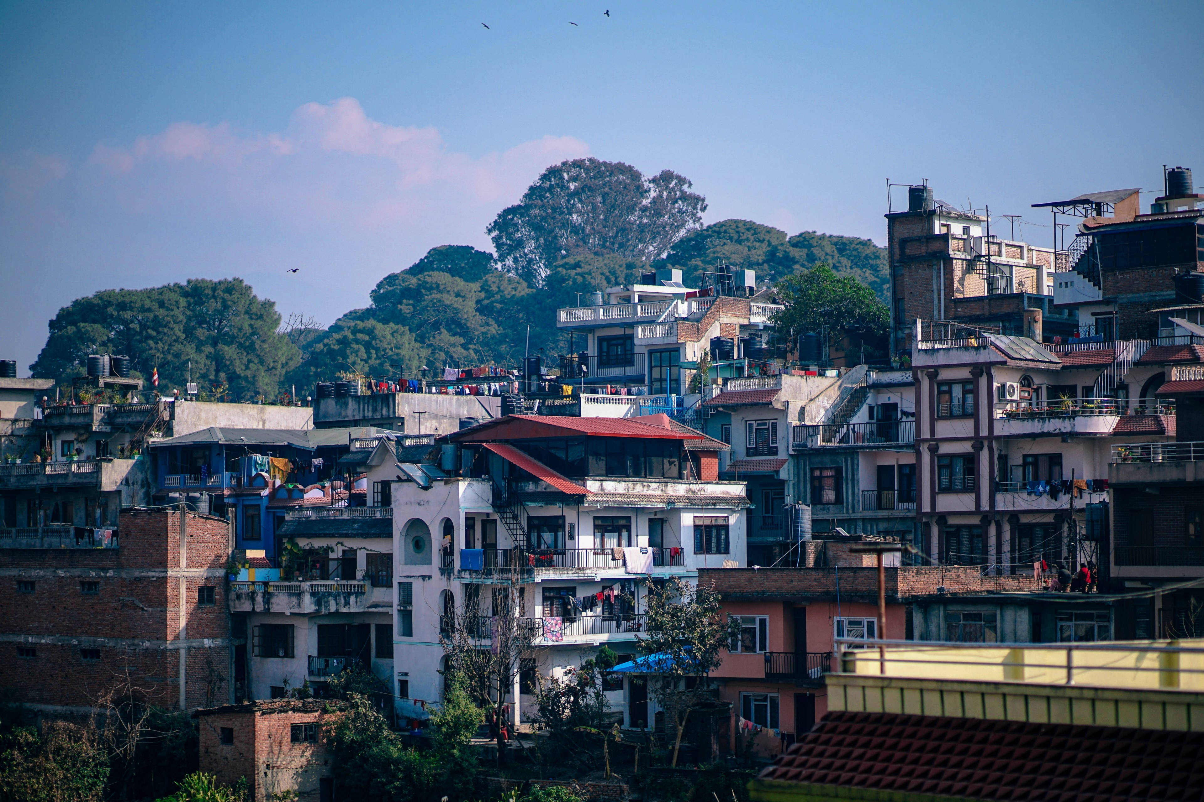 Kathmandu, Sunlit hillside town, colorful buildings, 4K Desktop Wallpaper