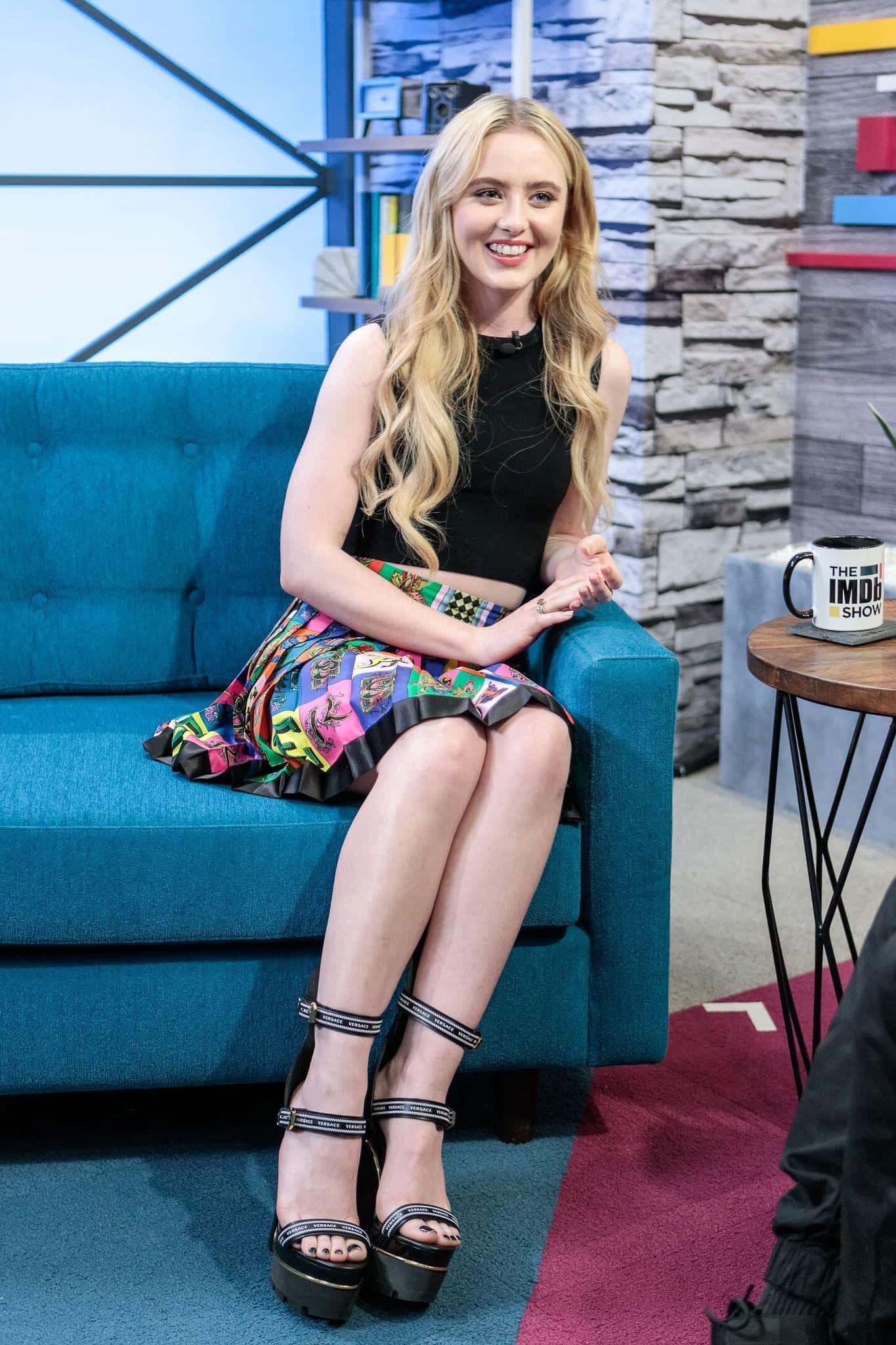 Kathryn Newton, blue couch, black top, Full HD Phone Wallpaper
