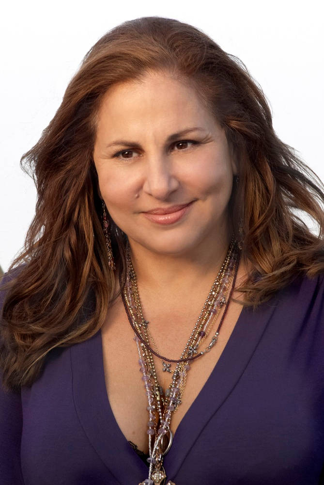 Kathy Najimy, dark purple top, wavy brown hair, SD Phone Wallpaper