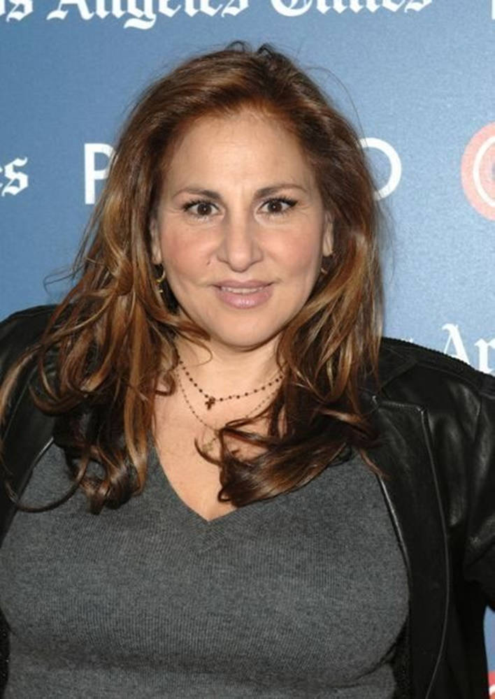 Kathy Najimy, black leather jacket, gray v-neck sweater, SD Phone Wallpaper