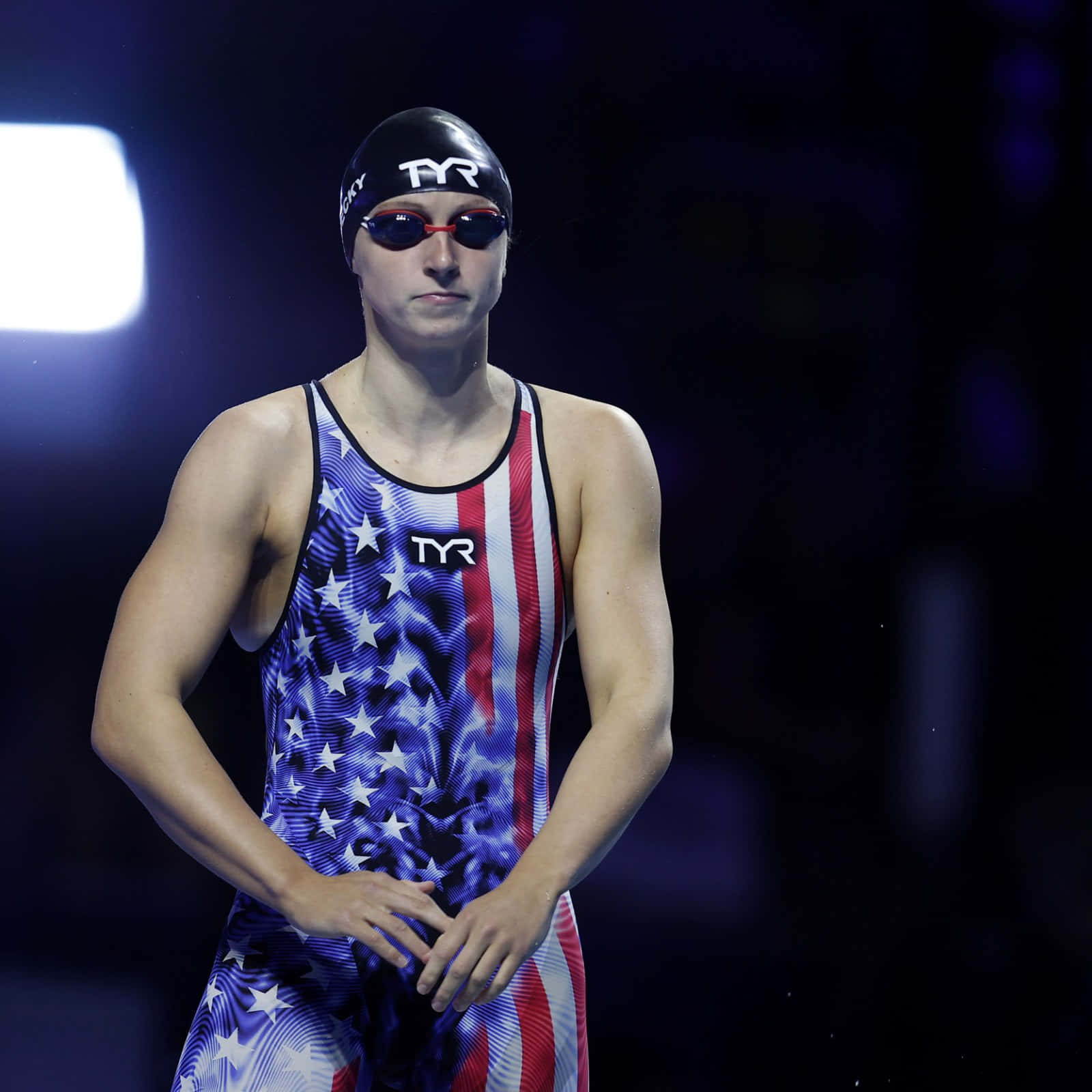 Katie Ledecky, patriotic USA swimsuit, bright arena lights, HD Desktop Wallpaper