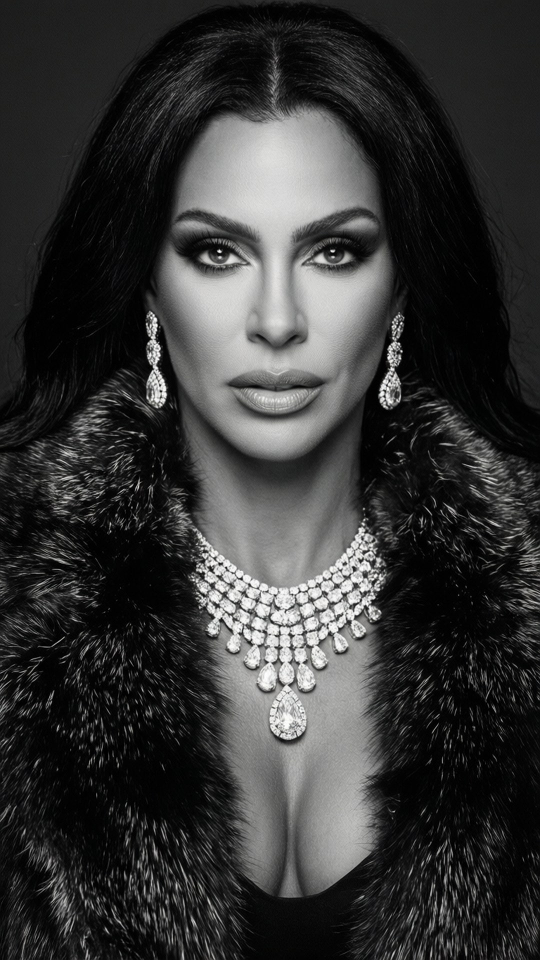 Katie Price, black and white, fur coat, Full HD Phone Wallpaper