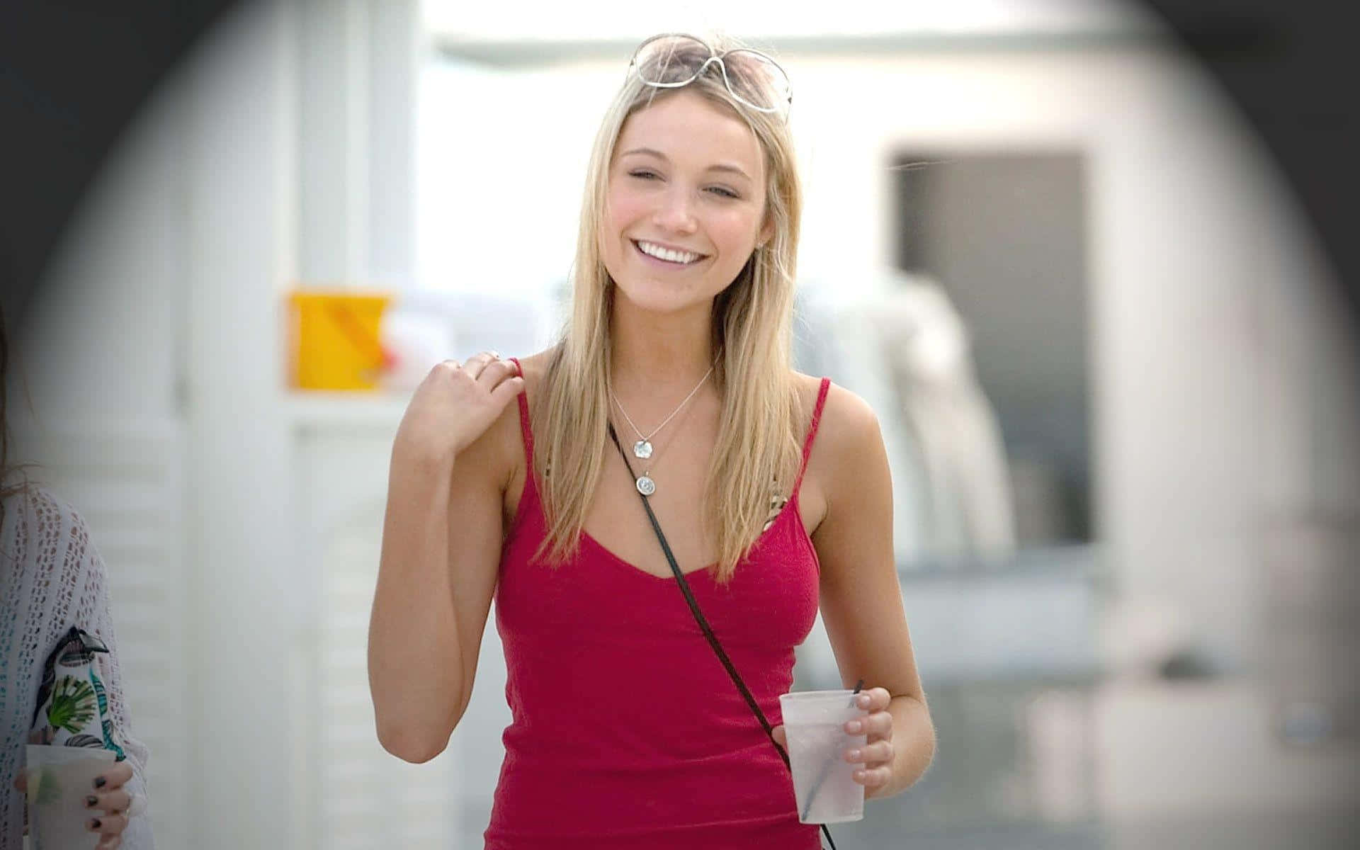 Katrina Bowden, red top, sunglasses on her head, Full HD Desktop Wallpaper